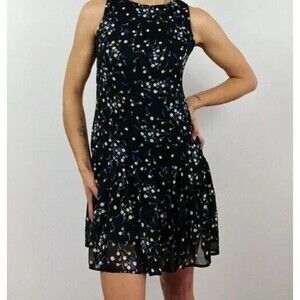 Calvin Klein Dress Womens Size 4 Floral Print Black Sleeveless Ruffle Chiffon